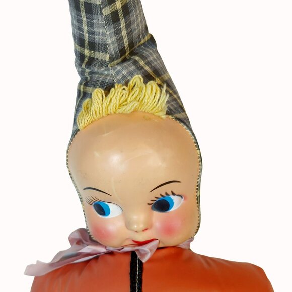 Vintage 1940s Carnival Prize Plush Body Doll Plastic Face Plaid Cone Hat Pants 2 - Picture 2 of 5